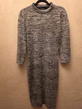 Lulus Gray Black Marled Mock Neck Sweater Dress Bodycon Midi L Made USA
